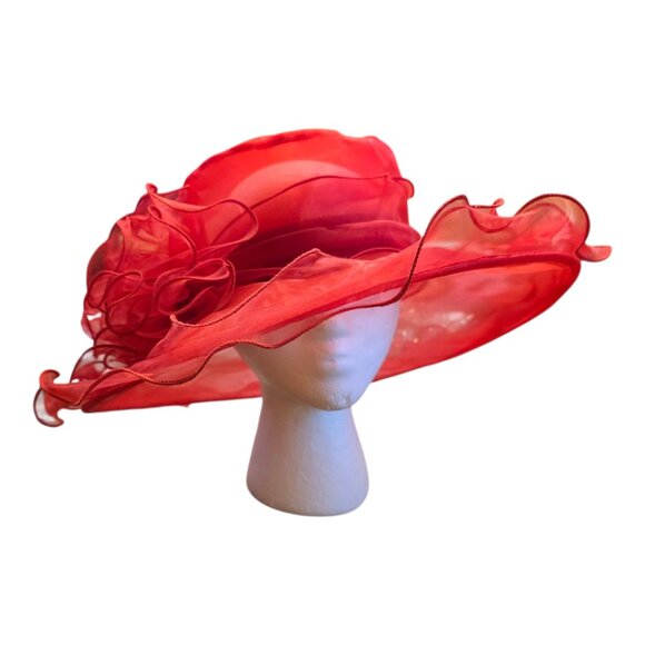 🏷️ NWT  🏷️  LAWLIET Red Organza Wide Brimmed Church Hat  🏷️ NWT  🏷️ - Picture 1 of 6